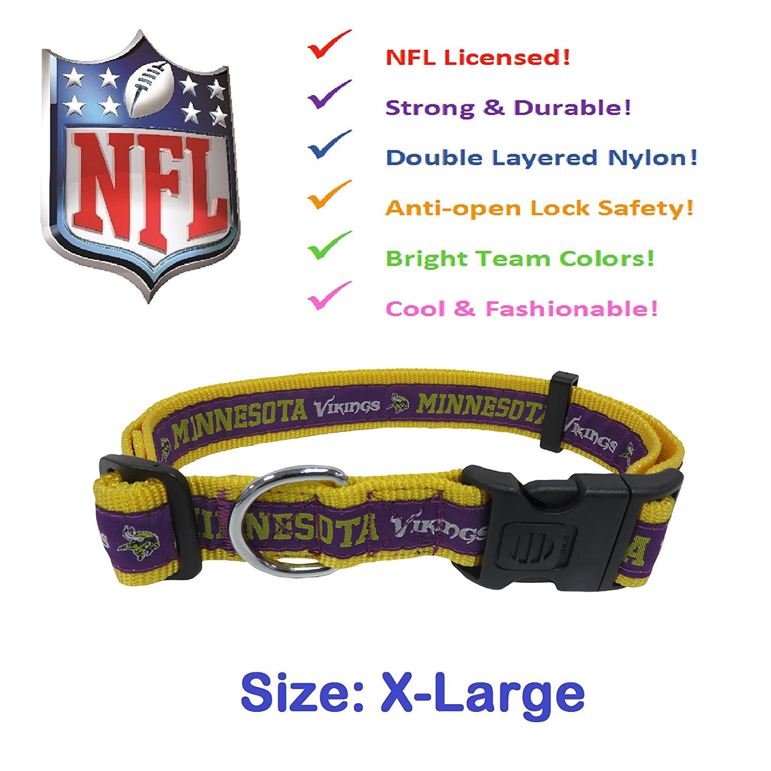 Pets First NFL Minnesota Vikings Dog Collar - Heavy-Duty, Durable & Adjustable Football Collar for Dogs/ CATS - Extra Large