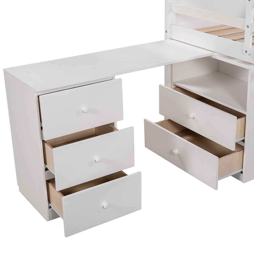 Kepooman Solid Hardwood Twin Size Loft Bed, Modern Bunk Bed With Storage Steps and Portable Desk, White Kepooman Solid Hardwood Twin Size Loft Bed, Modern Bunk Bed With Storage Steps and Portable Desk, White