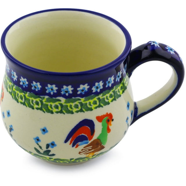 Polish Pottery Small Bubble Mug (Country Rooster Theme) Signature UNIKAT Hand Painted in Boleslawiec, Poland + Certificate of Authenticity