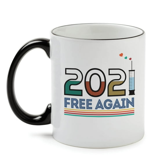 Personalized Planet 11oz 2021 Free Again Coffee Mug with COVID Humor on White Ceramic Cup and Black Handle