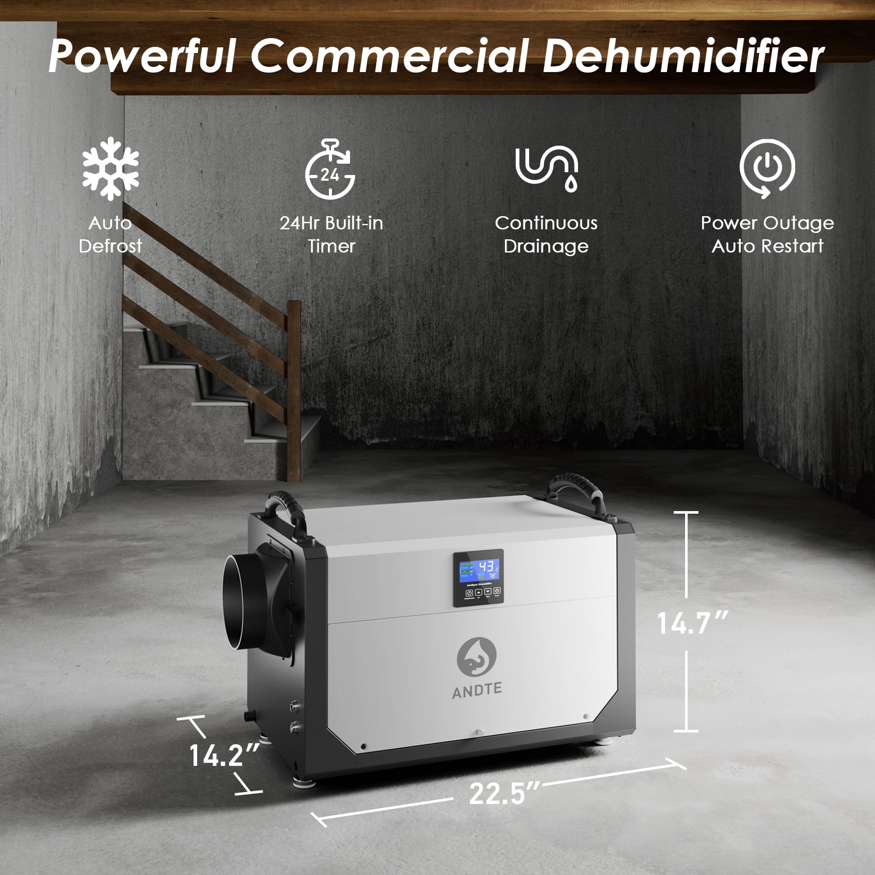 ANDTE 145 Pints Commercial Dehumidifier with Remote Control, Covers up to 2,800 sq. ft, Compact Dehumidifier for Crawl Spaces and Basements