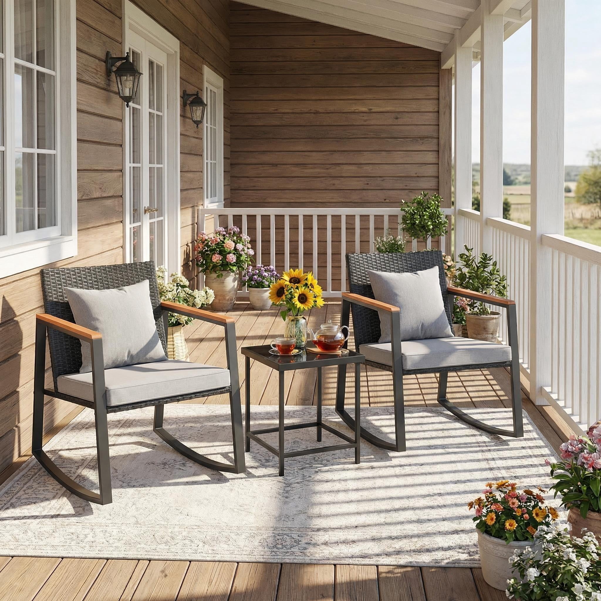 Lofka 3-Piece Rocking Patio Bistro Set, Outdoor Wicker Furniture Set with Tempered Glass Table & Chairs for Patio Balcony Porch, Gray