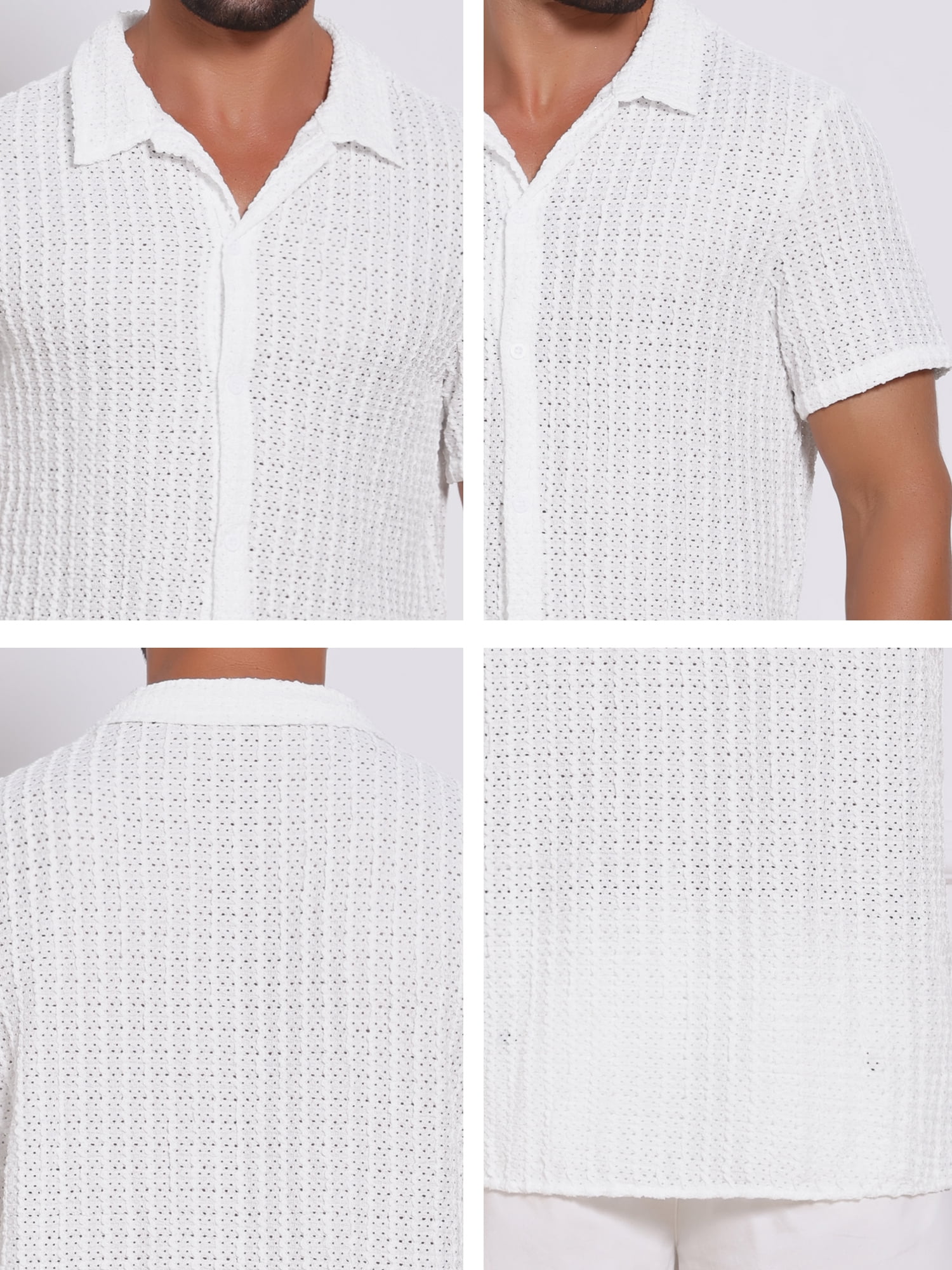 DARING DIVA Men's Casual Knitted Hollow Out Short Sleeve Shirt M White