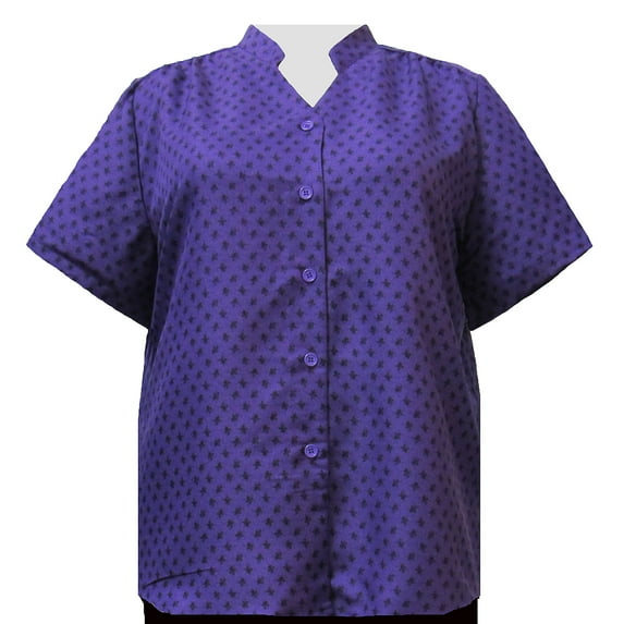 A Personal Touch Women's Plus Size Short Sleeve Button Up Mandarin Collar Blouse - Purple Floating Leaves - 0X