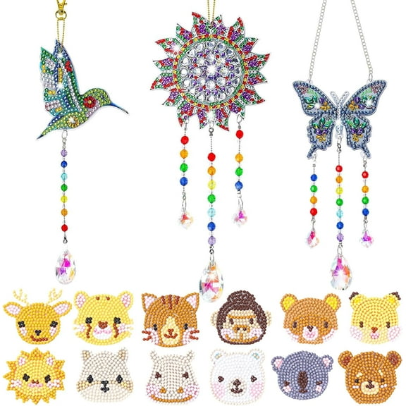 15-Piece Diamond Art Kit 3 Wind Chime Suncatchers & 12 Stickers - DIY Window & Garden Decor Craft Set