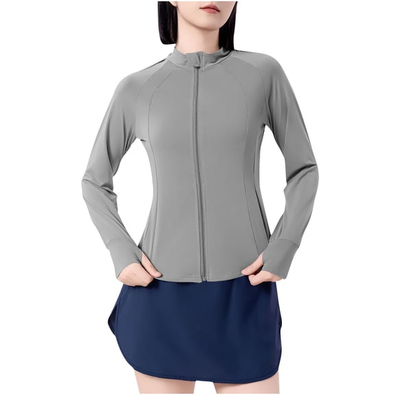 Women's UPF 50 Sun Jacket Slim Fit Stand Collar Long Sleeve Stretch Shirt for Fishing & Hiking, Cropped Athletic Zip Hoodie with Thumb Holes