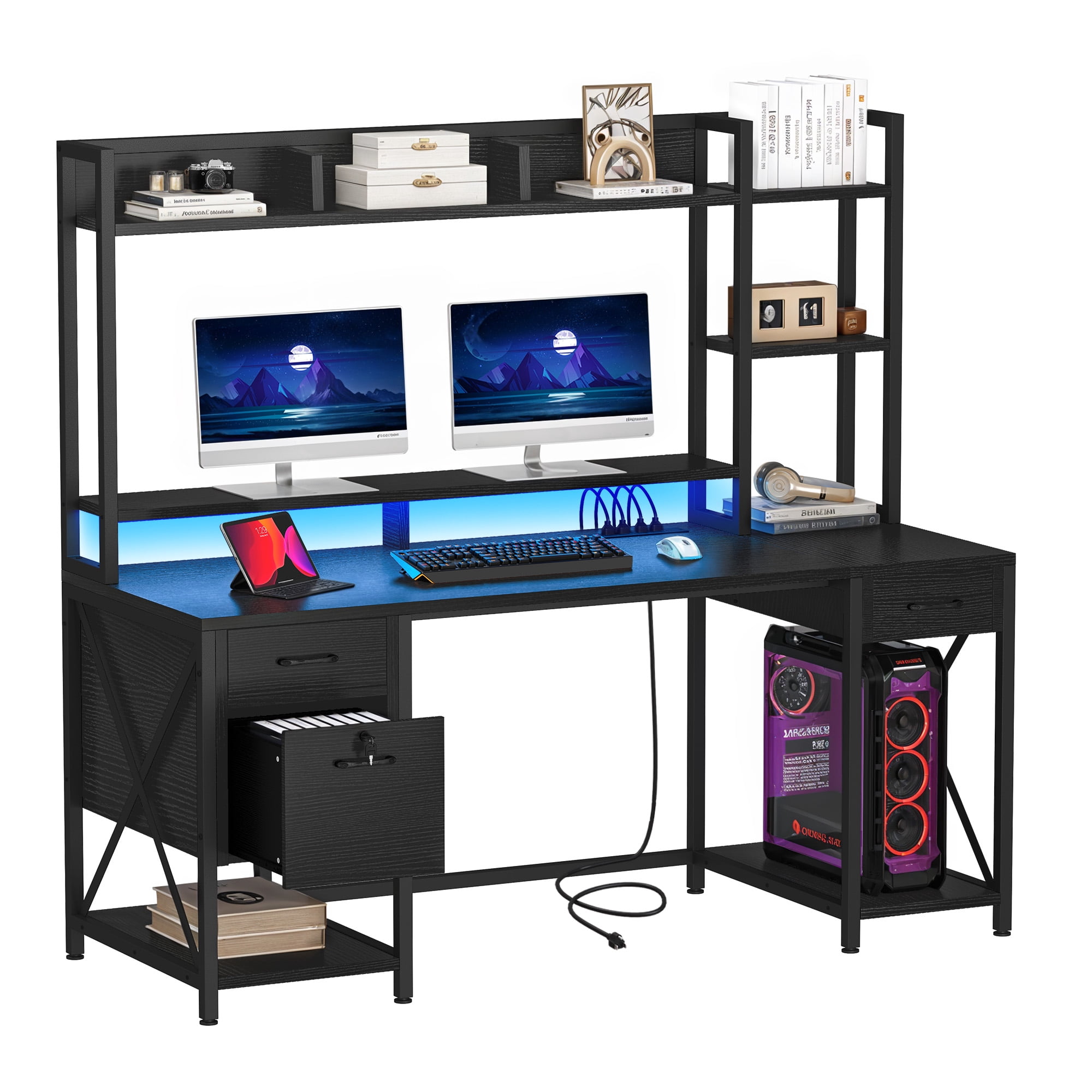 Uforic 59.1"Computer Desk with Power Outlets & Hutch, Office Desk with Storage Shelves & Drawers, Black