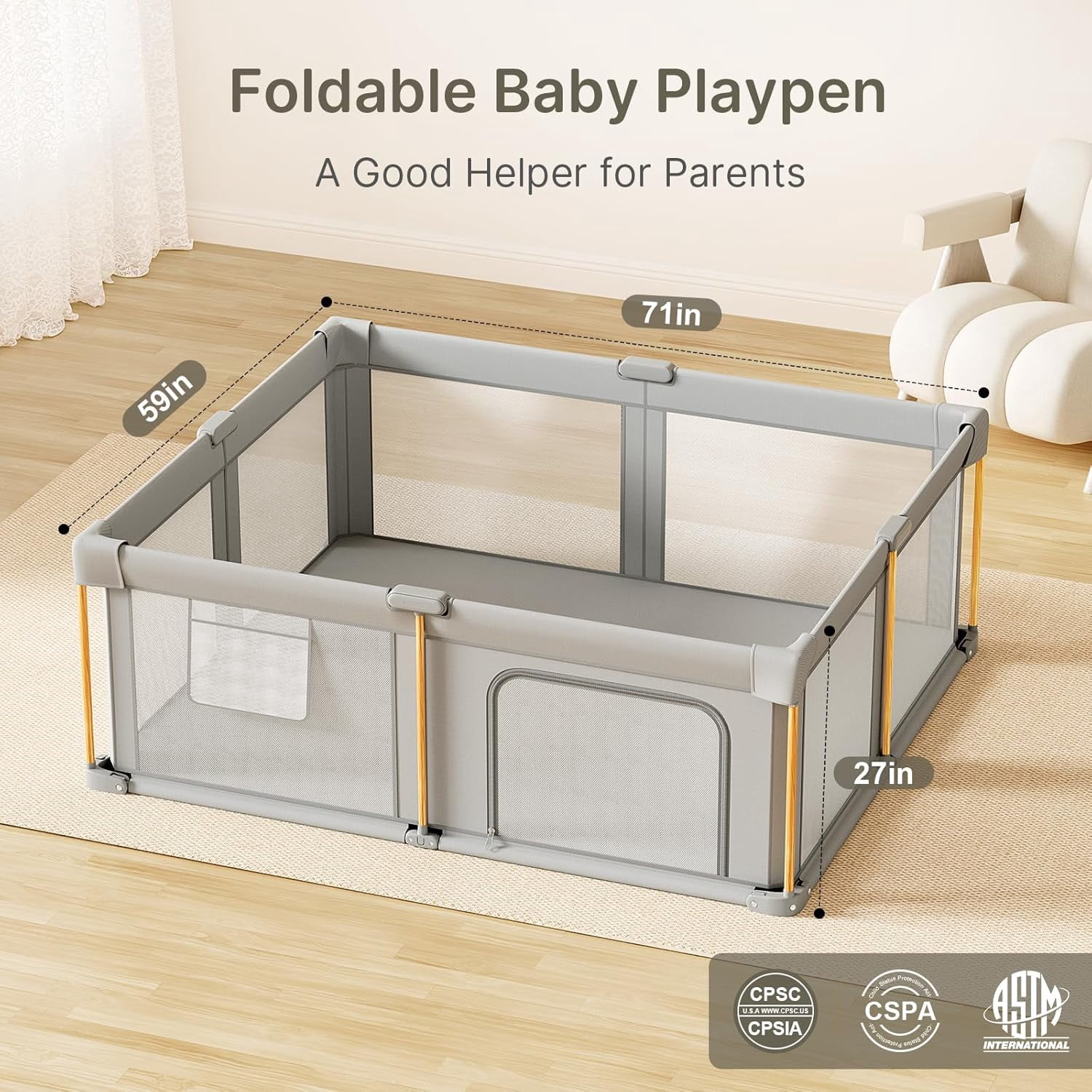 71"x59"x27" Foldable Baby Playpen with Mat, Play Yard Fence for Babies Boys Girls Toddlers, Large Playard W/ 300D Fabric for Infant and Kids