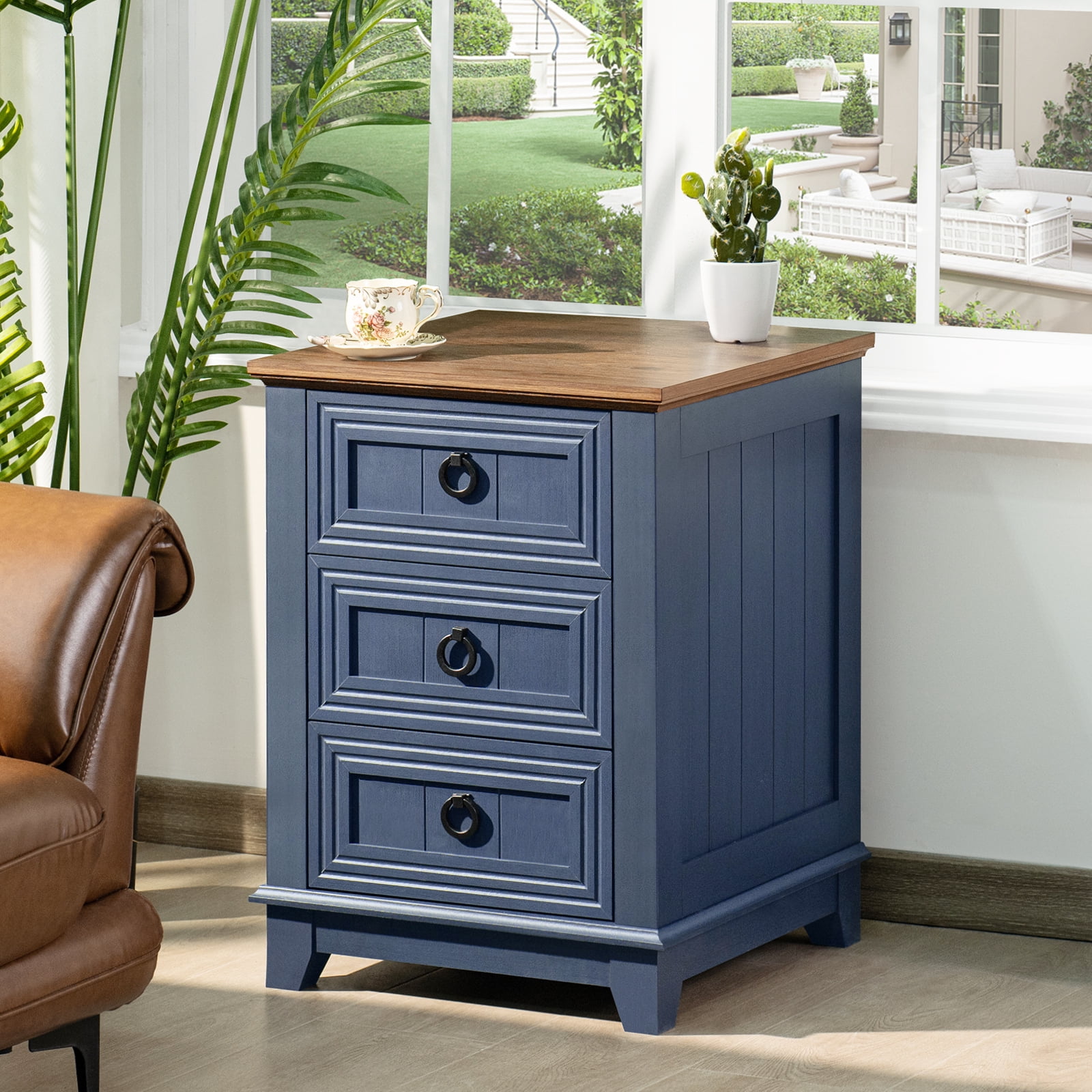 Joaxswe End Table with 3 Drawers for Living Room, Elegant Nightstand with Metal Handle for Bedroom, Blue