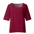 thumbnail image 5 of ZJXFGS Linen Shirts for Women Women'S Linen Blouse Round Neck 3/4 Sleeve Shirt Tops Womens Fall Tops Red XL, 5 of 6