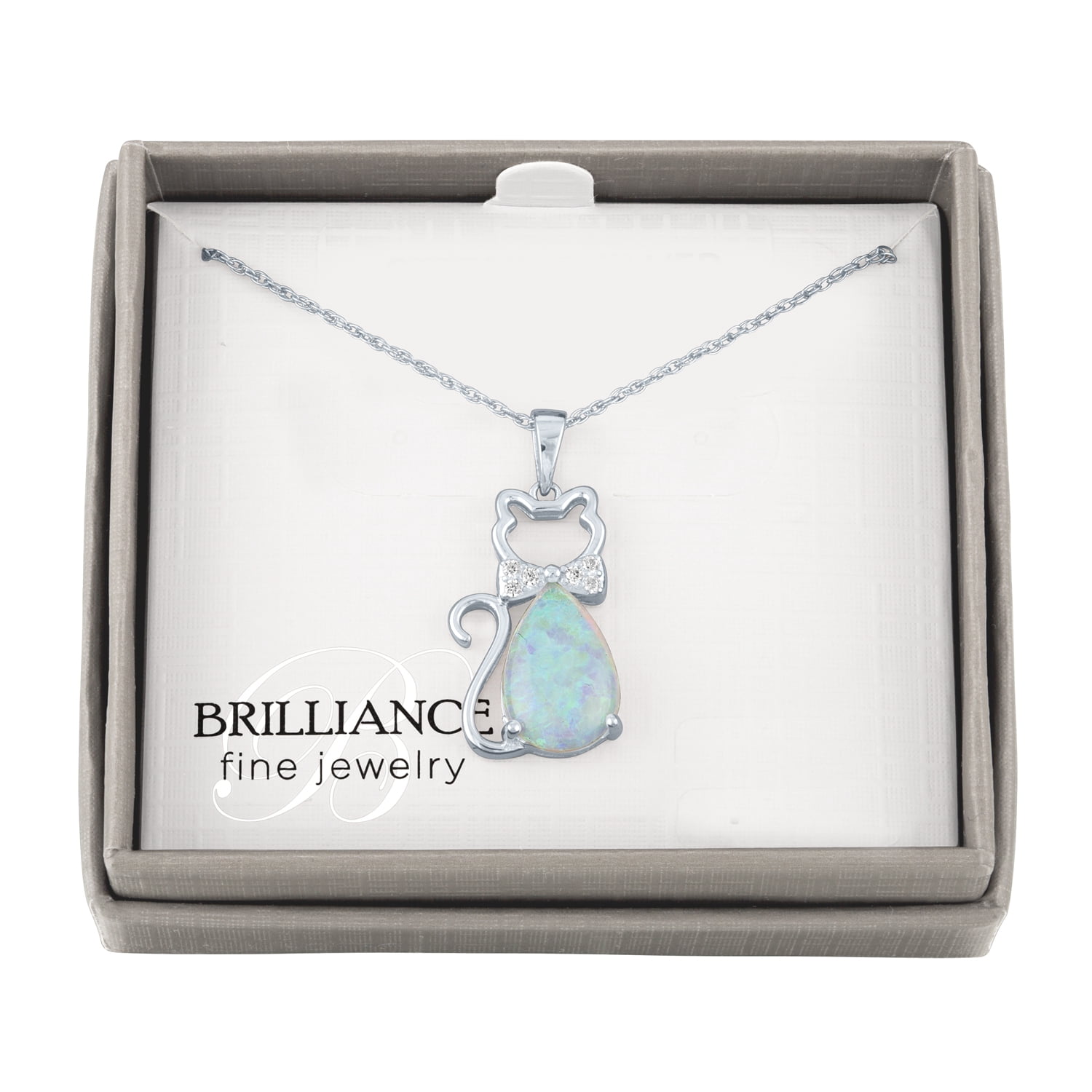 Ladies Brilliance Fine Jewelry Simulated Opal and CZ Sterling Silver Cat Pendant, 18"