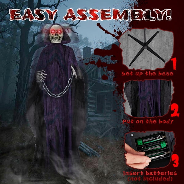 6FT Life Size Animatronic Grim Reaper Halloween Decoration, Sound Activated with Glowing Red Eyes, Moving Head & Hands, Scary Voice Phrases Battery Operated for Yard Haunted House Party Decor
