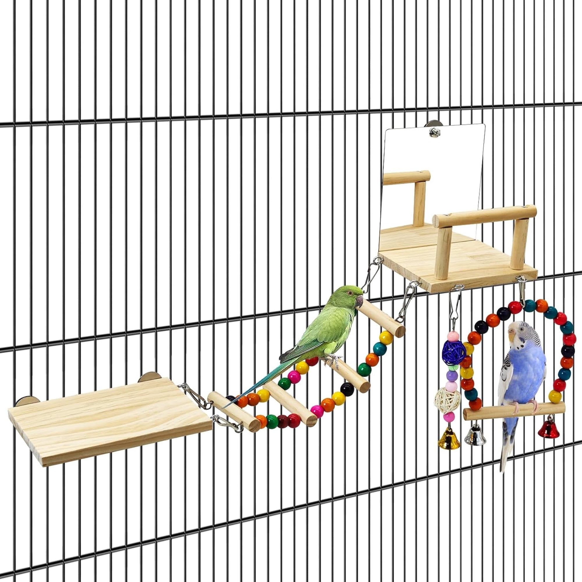 BESTSKY Bird Perch Platform with Mirror,Wooden Climbing Ladder for Parakeet,Small Bird Swing Toys with Hanging Chewing Balls Parrot Cage Accessories Budgie Playground for Cockatiel,Lovebird