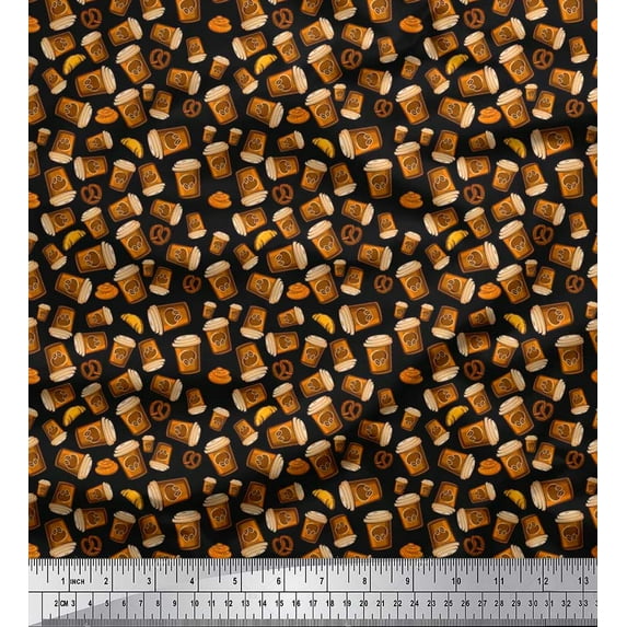 Soimoi Crepe Silk Fabric Coffee,Croissant & Pretzels Food Print Sewing Fabric Yard 42 Inch Wide
