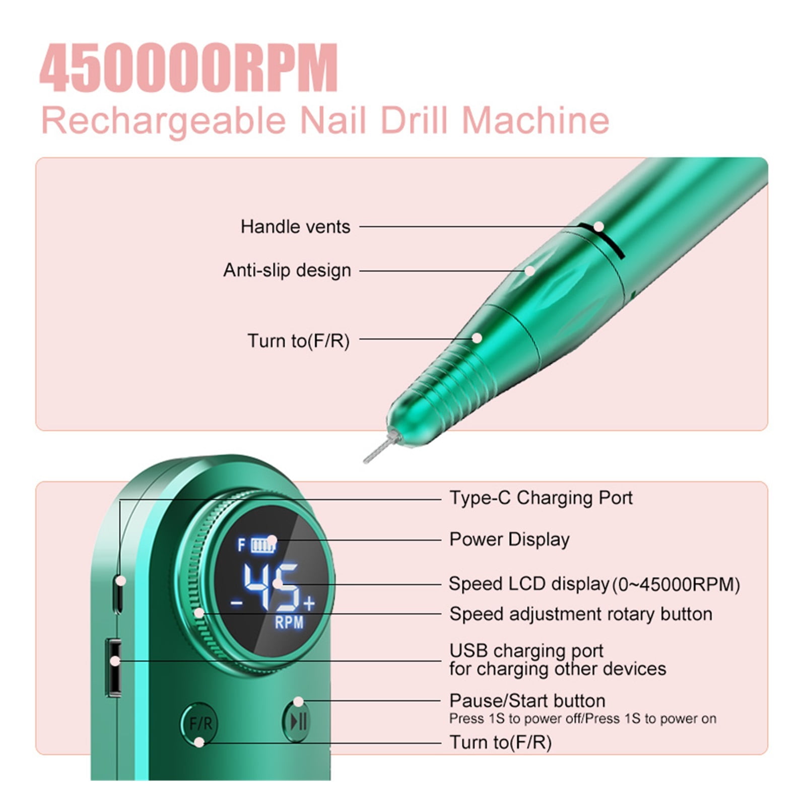 45000RPM Nail Sander Machine Set Nail Drill Machine For Pedicure Manicure Rechargeable Electric Manicure Cutter With LCD Display ,Low Noise