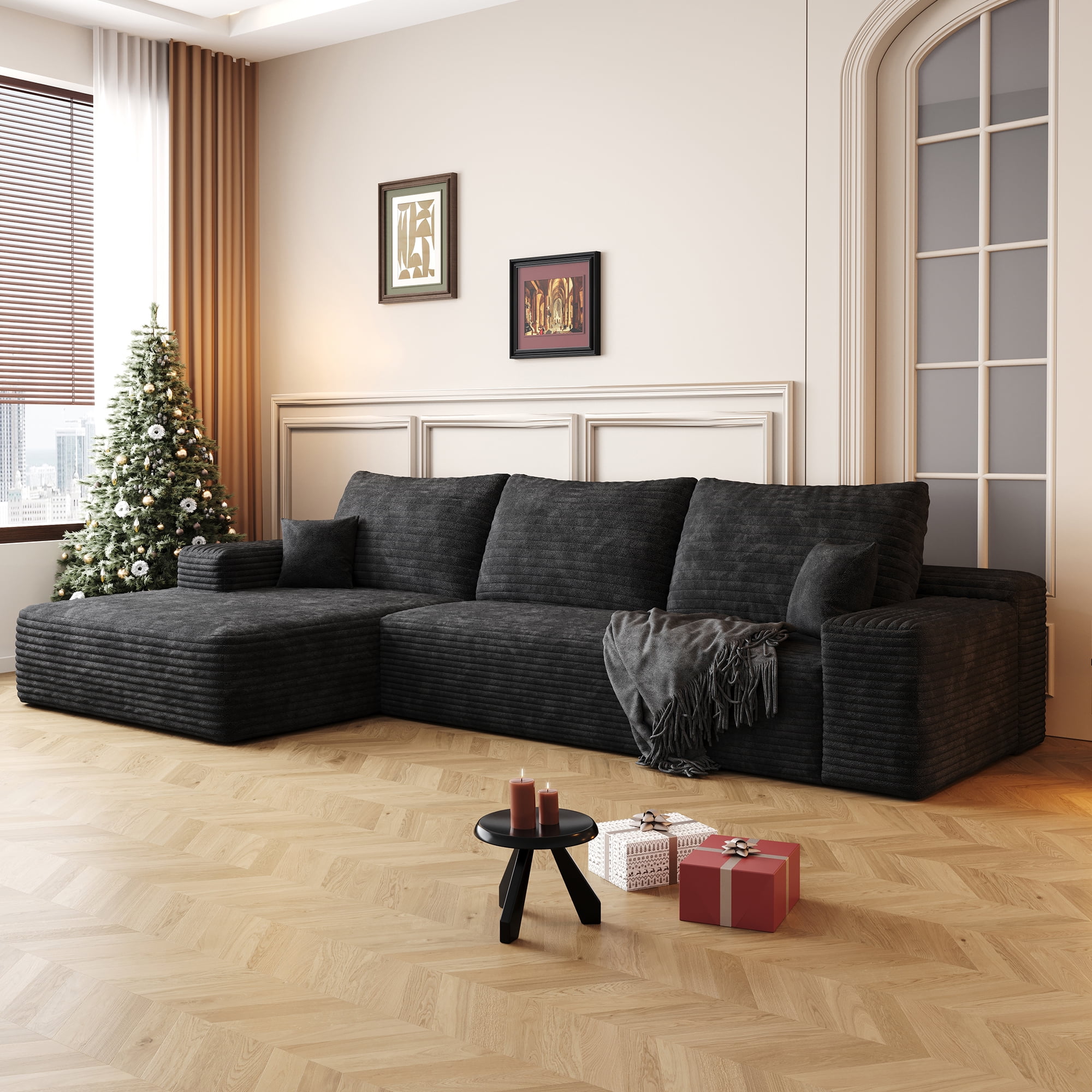 MAYEERTY 107" Cloud Sectional Couch with L-Shape Chaise, Modern Modular Deep Seat Sofa, No Assembly Plush Corduroy Fabric, Black (2 packages)