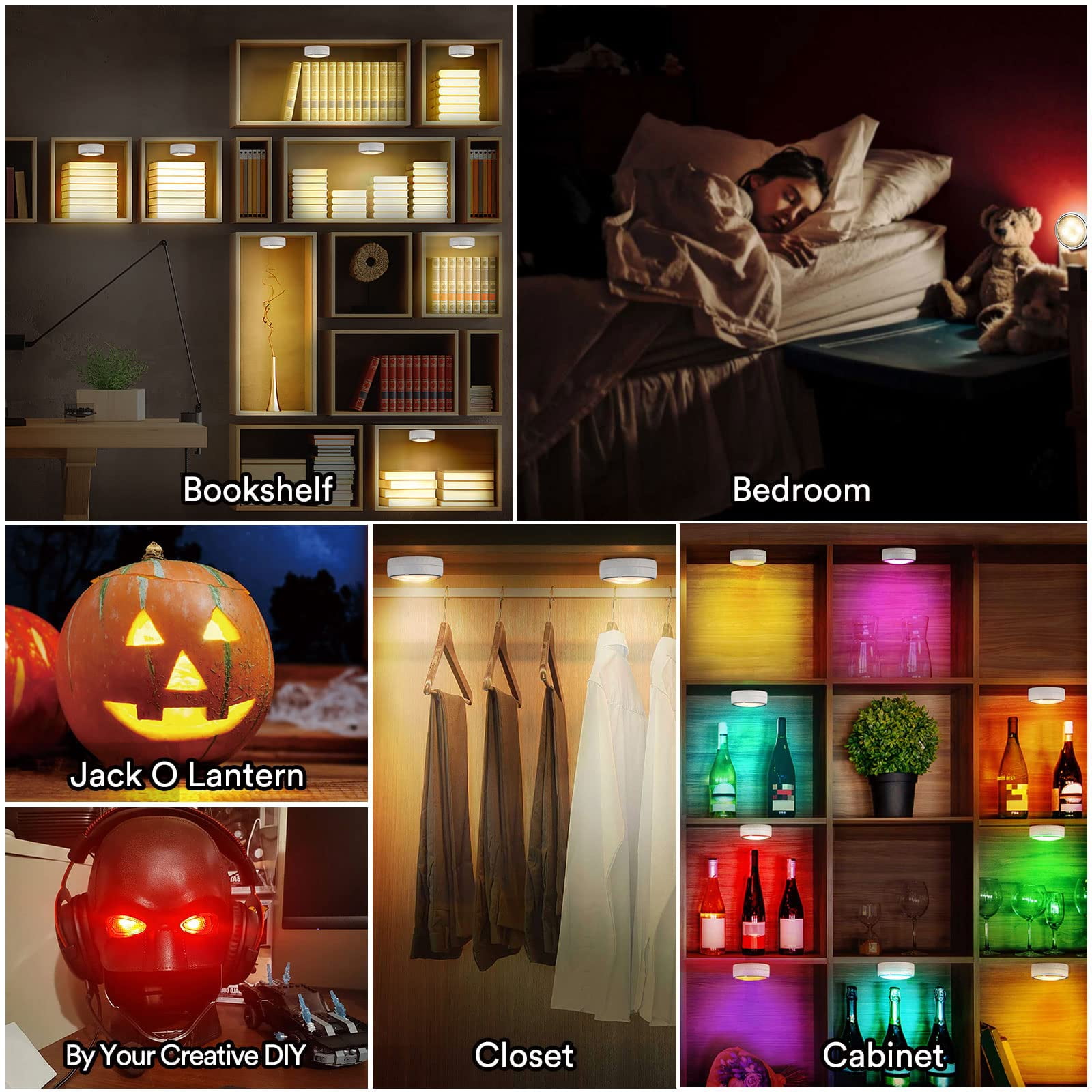 Onumii LED Puck Lights Battery Operated LED Under Cabinet Lighting Wireless Stick on Tap Lights with Remote Controll Color Changing Timer Function for Cabinets, Shelves, Closets - 6Pack White