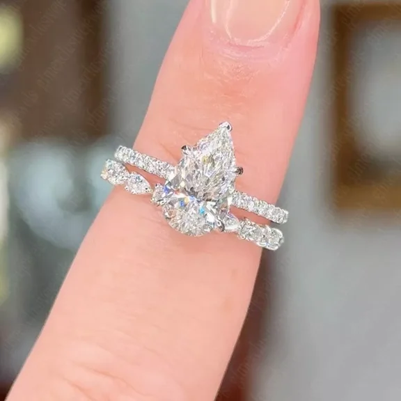 Forever Jewels 3Ct Pear Moissanite Womens Wedding Bridal Ring Set 14K White Gold Plated