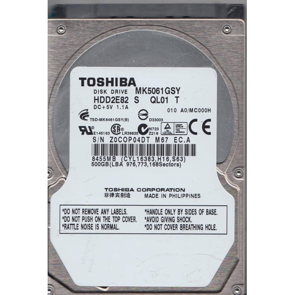 MK5061GSY, A0/MC000H, HDD2E82 S QL01 T, Toshiba 500GB SATA 2.5 Hard Drive