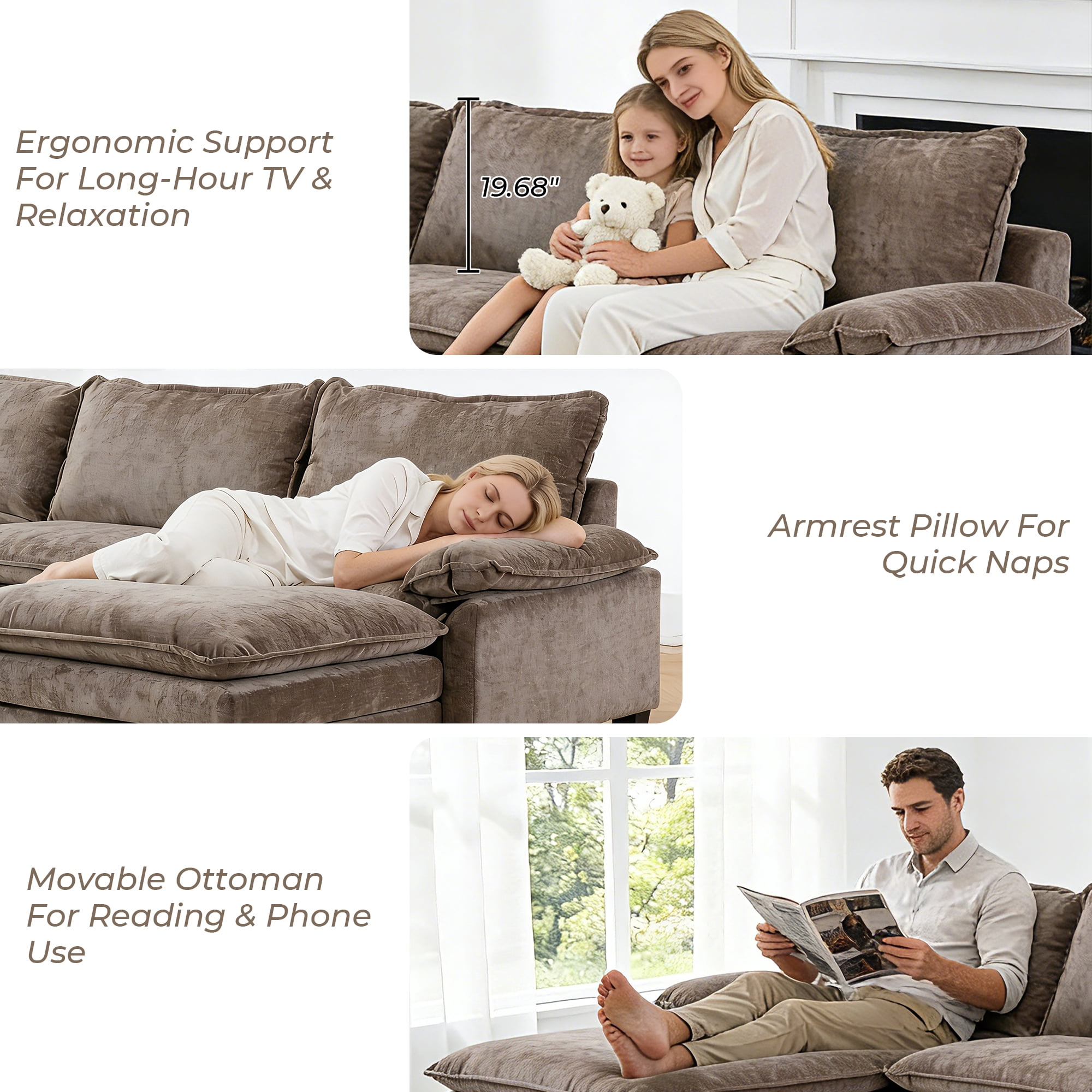 Ktaxon Sectional Sofa L Shaped Couch with Chaise Living Room Sleeper Set, 2 Seats with Chenille and Double Layer Cushions 87" W Light Brown