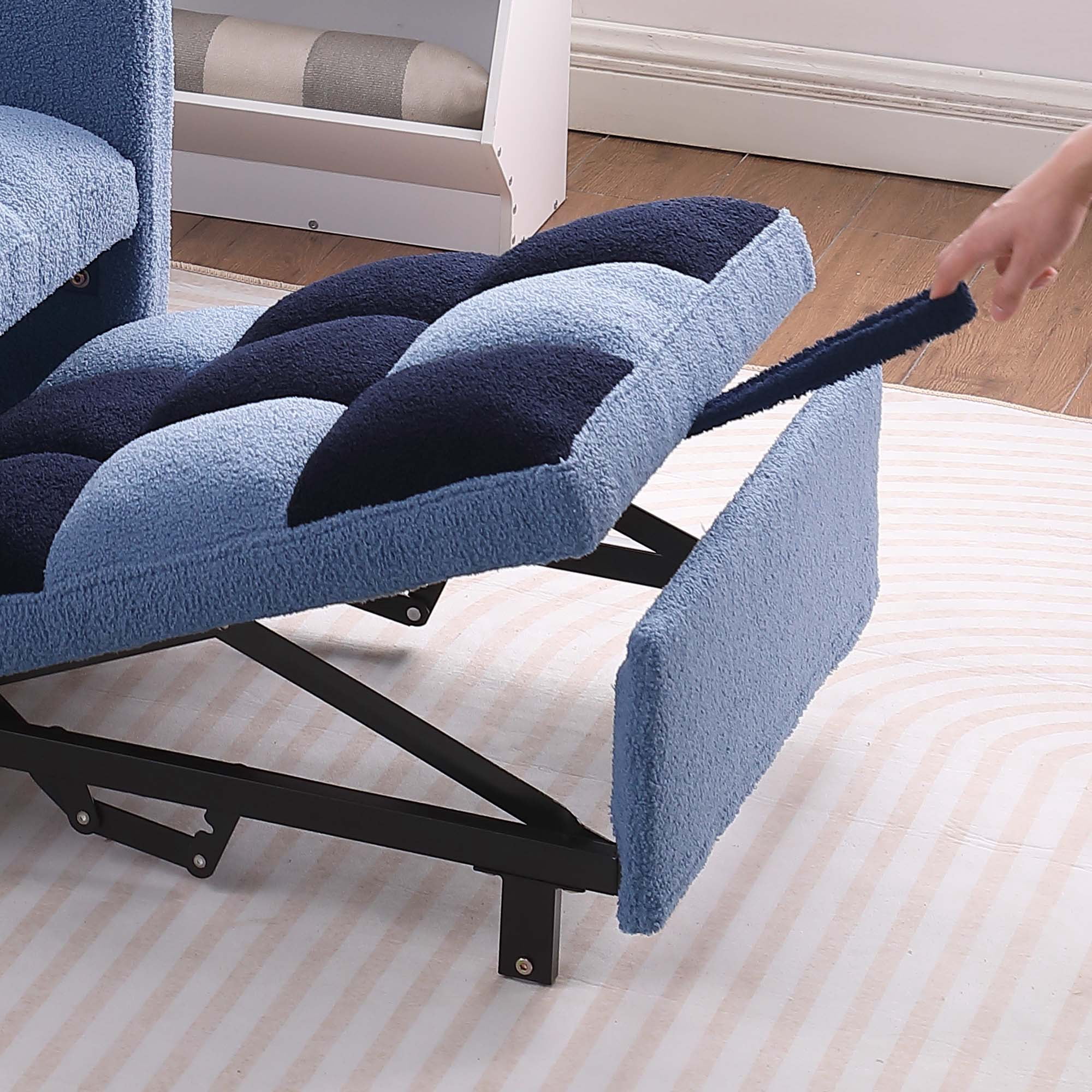 Aukfa Convertible Sleeper Chair Bed, Patchwork Pull Out Sofa Chair with Adjustable Backrest, Teddy - Blue/Navy