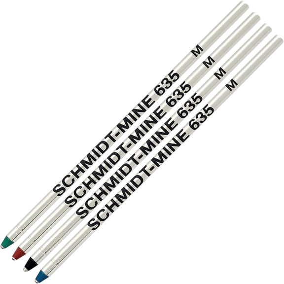 Schmidt 635 D1 Mine Ballpoint Refill - Black, Blue, Green, Red Ink (Medium Tip 0.7mm) - Pack of 4