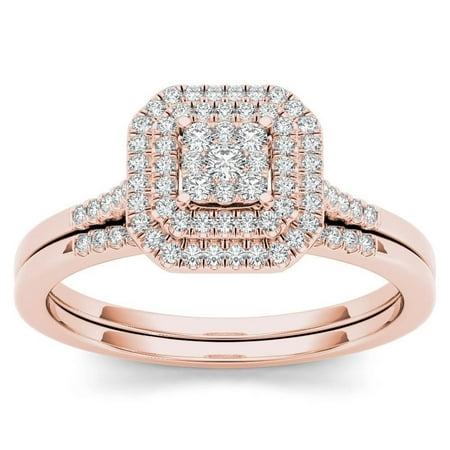 Pink Topaz Cluster - 10k Rose Gold 1/4ct TDW Diamond Cluster Halo Bridal Set - Pink