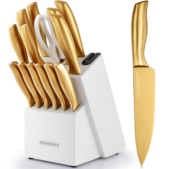 Zulay Kitchen 15 Piece Stainless Steel Knife Set with Block and Sharpener