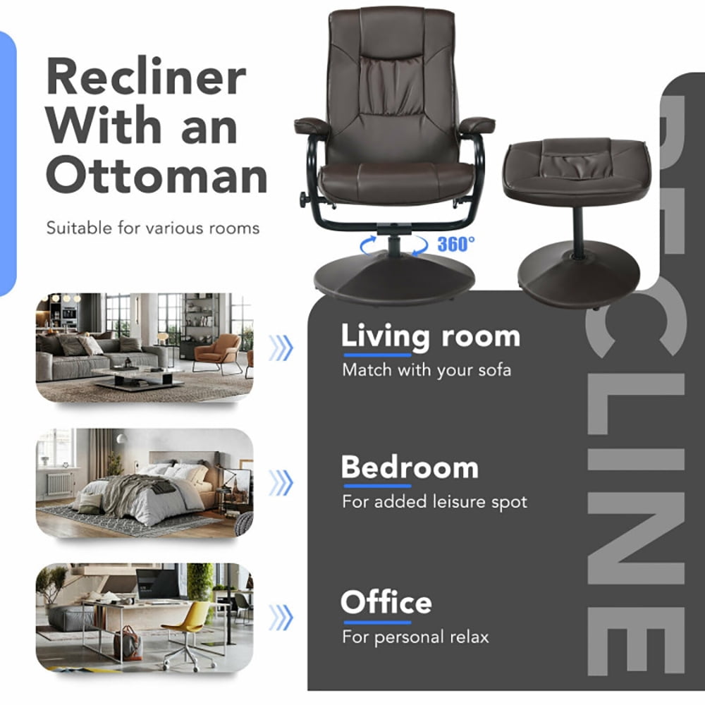 Finihen PVC Leather Soft Upholstered Recliner with Ottoman Footrest, 360° PVC Leather Swivel Recliner Chair with Ottoman, for Living Room, Bedroom, Brown Finihen PVC Leather Soft Upholstered Recliner with Ottoman Footrest, 360° PVC Leather Swivel Recliner Chair with Ottoman, for Living Room, Bedroom, Brown