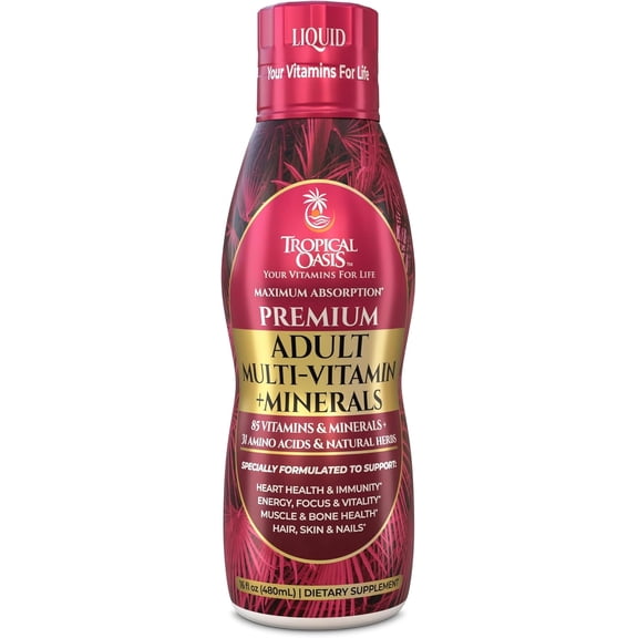 Tropical Oasis Premium Liquid Multivitamin & Mineral Supplement for Adults, 125 Total Nutrients of Vitamins, Minerals, Amino Acids, & Herbs, 16 FL Oz, 32 Servings