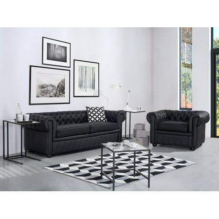Beliani Tufted Leather Sofa Black Chesterfield Beliani Tufted Leather Sofa Black Chesterfield