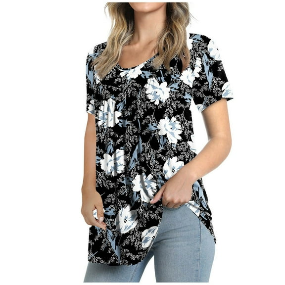 QENGING Women's Short Sleeve Crew-Neck Plus Size Floral Print Juniors Tops Hide Belly Tunic Shirts Dressy Casual Flowy Blouse