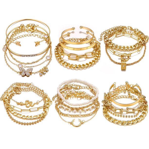Juego de pulseras 17IF 25 unidades de cadena dorada para mujer Boho Punk Y2K