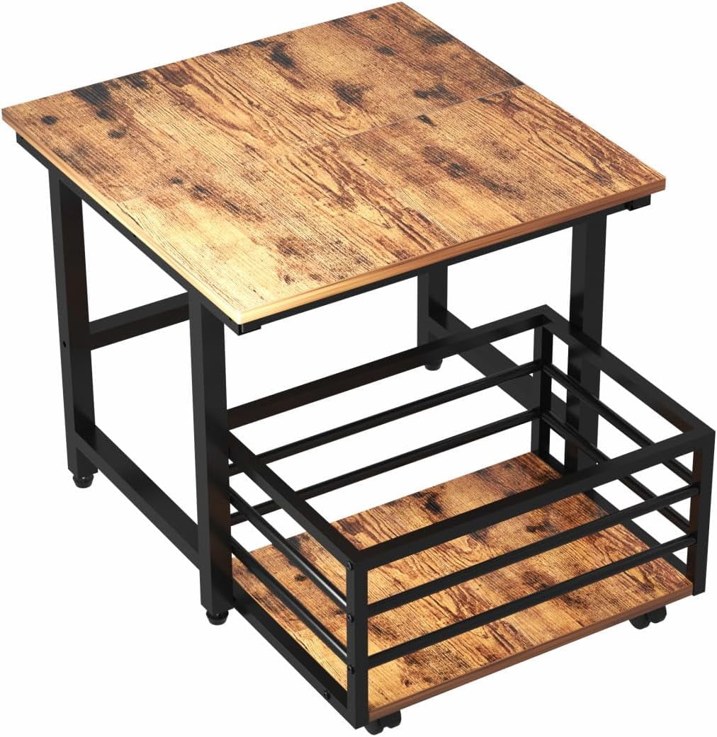 Mini Fridge Stand with Pull-Out Basket, 19.7" x 19.7" Large Tabletop Heavy Duty Stand with Adjustable Feet & Wheels, for Kitchen, Dorm, Office, Rustic Brown and Black