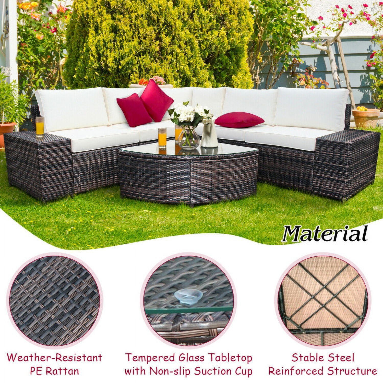 Aimee Lii 6 Piece Wicker Patio Sectional Sofa Set with Tempered Glass Coffee Table, Outdoor Deck Furniture, White