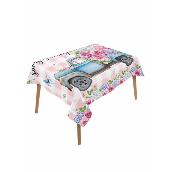 Spring Table Cloth, Waterproof Tablecloth for Rectangle Tables, Truck Botanical Rose Leaves Butterfly Pink Lattice Reusable Washable Fabric Table Cover for Restaurant Kitchen Dining Tables 60"x84"