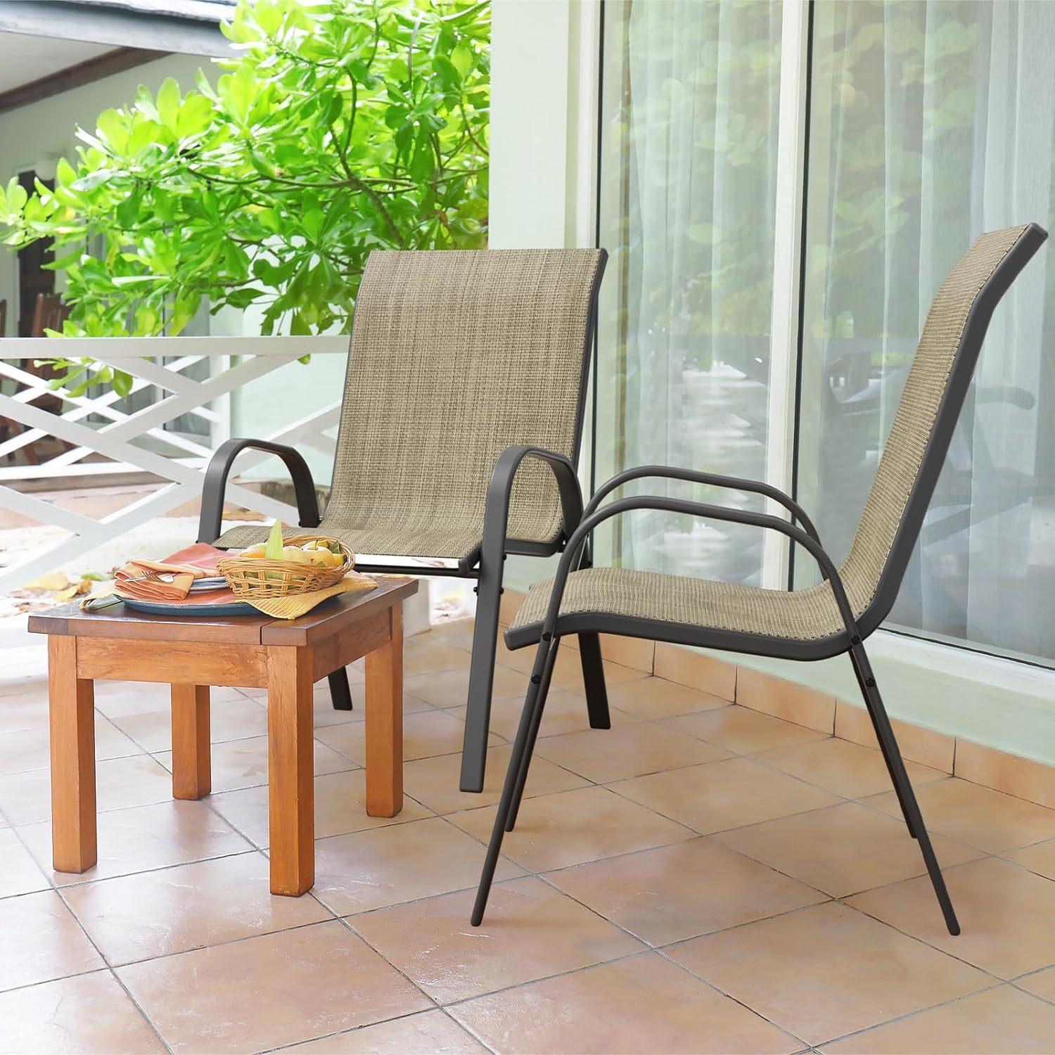UDPATIO Patio Dining Chairs Set of 2, Outdoor High Stacking Chairs, Backyard Deck Garden Chairs, Indoor Breathable High-Density Fabric Chairs, Restaurant Kitchen Dining Trattoria Chairs Khaki
