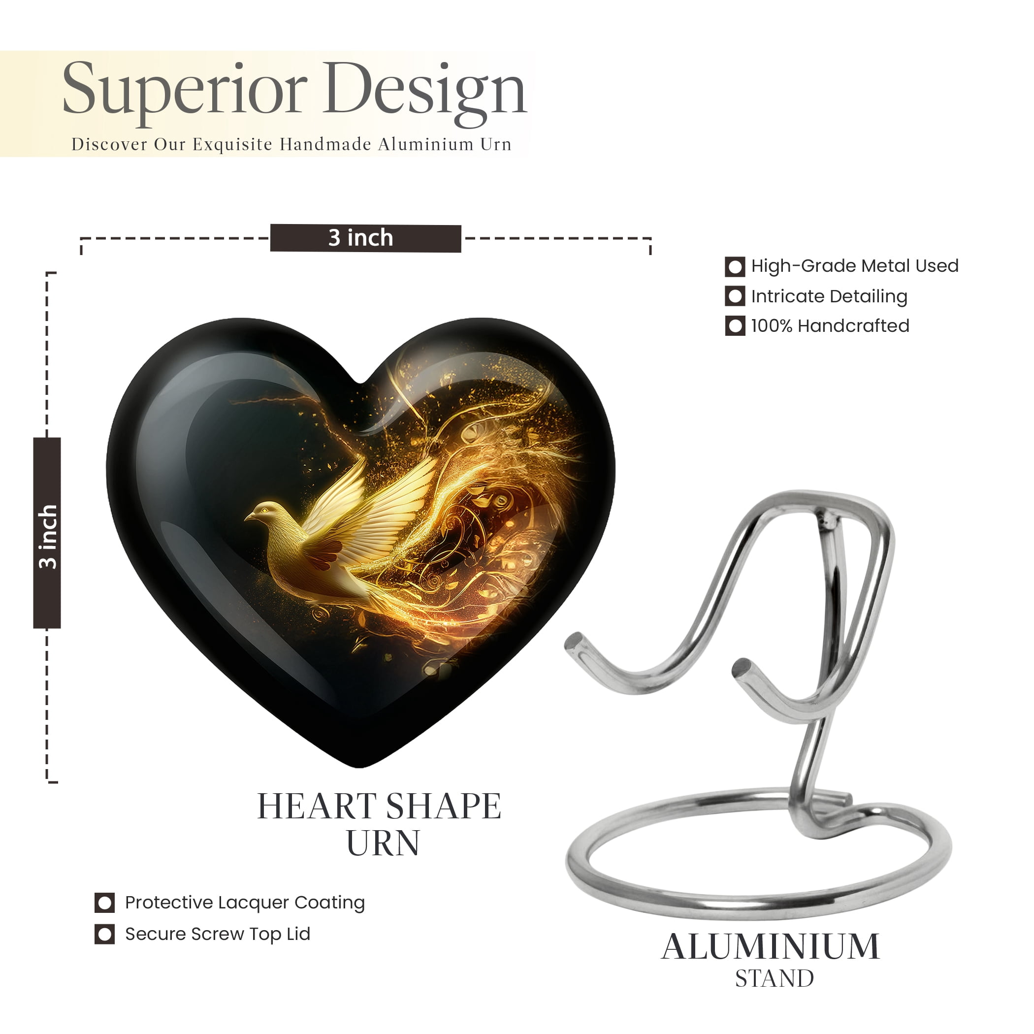 Golden Dove Urn, Cremation Urns for Ashes, Urn for Burial in ground, Small Cremation Urns for Ashes, Adult Urns for Ashes, Mini Urn Ashes Adult Male (Size - 3inch, 2 Pcs)