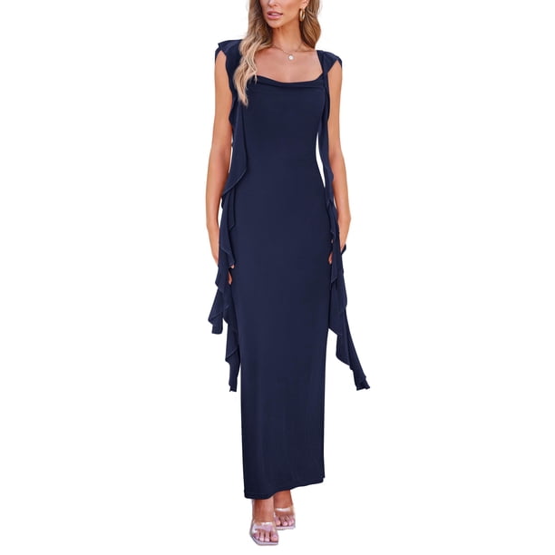 Vestido PRETTYGARDEN 2025 Verano Maxi Largo Sin Mangas con Volantes L - Azul Marino