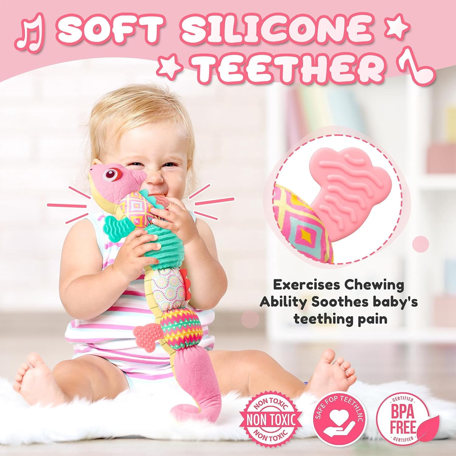 Musical Stuffed Plush Toy with Teether, Rattle & Height Ruler,Baby Sensory Toy for Newborns 0-12 Months, Pink