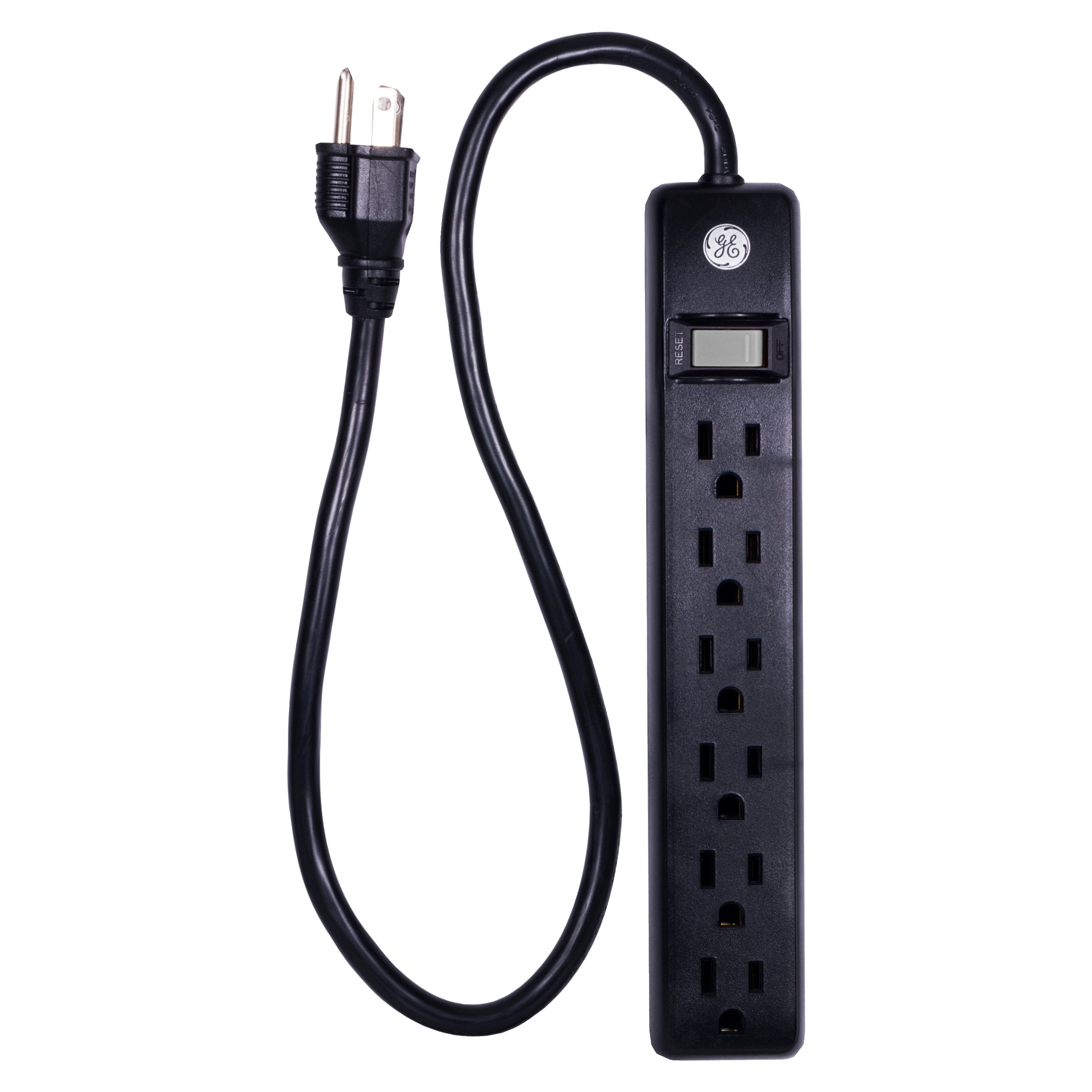 GE 6 Outlet Power Strip, 2 ft Extension Cord, Black 14831