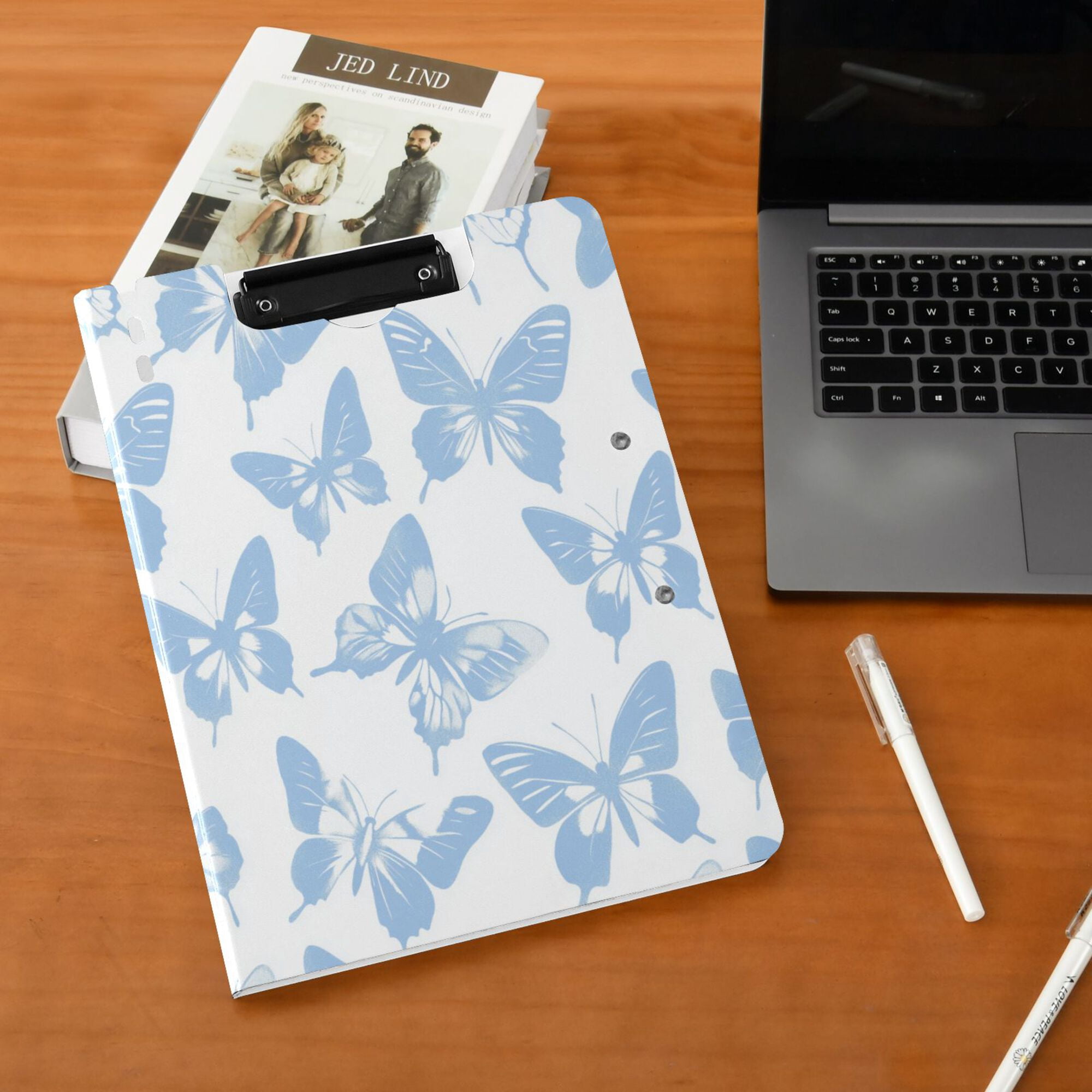 FORMRS A4 Clipboard Folder with Pen Holder Horizontal Foldable School Office Binder, Blue Butterfly