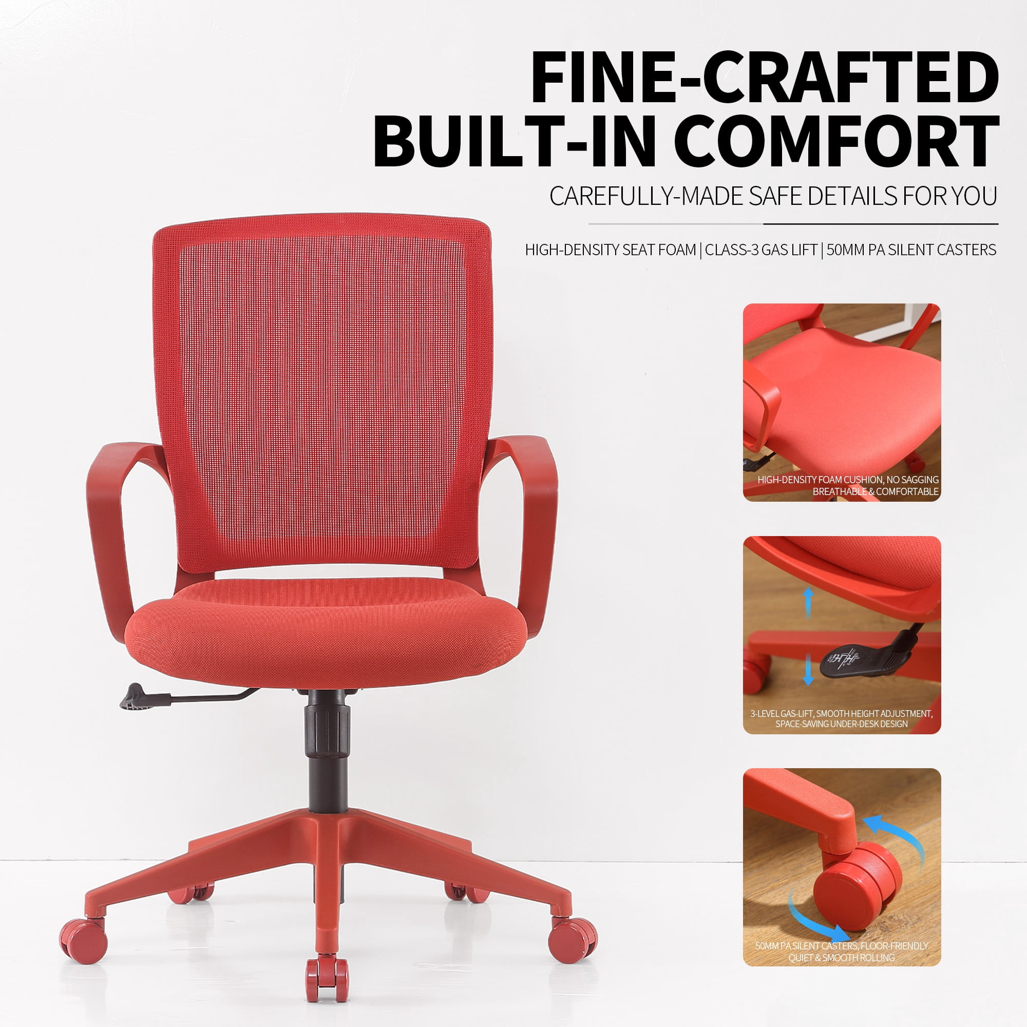Colorful Office Task Chair 350LBS, Home Office, Mesh Back,Comfortable Sitting, Fixed Armrest, Swivel, Height Adjustable Chair (Red)