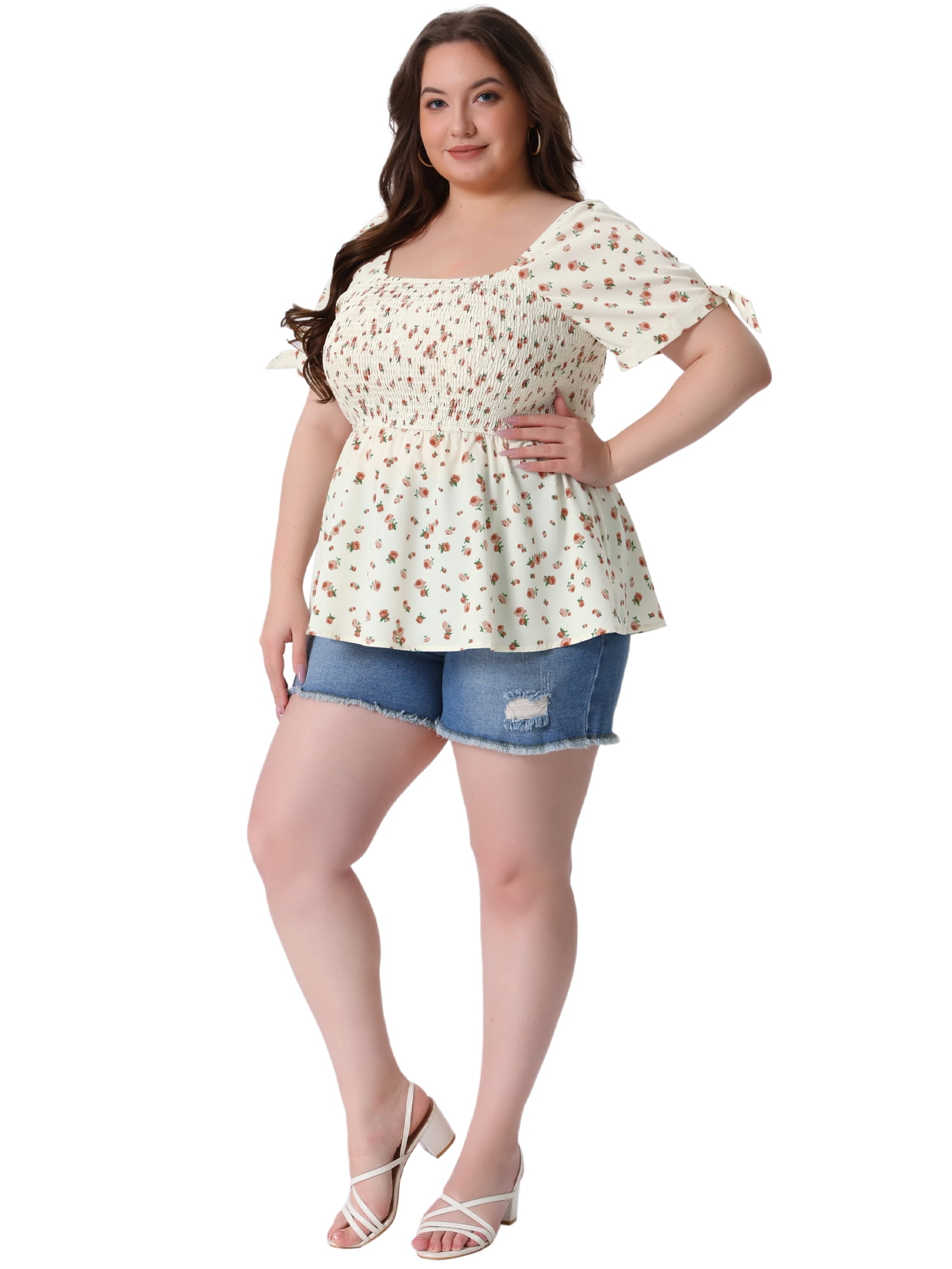 DARING DIVA Women's Plus Size Smocked Bow Tie Short Sleeve Peplum Blouse 4X Beige