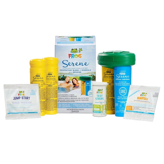 FROG Serene Floating System with 2 Replacement Bromine Cartridges & FROG Maintain - Includes Hot Tub Shock - Serene System, 2 Bromine Cartridges, and 1 Maintain
