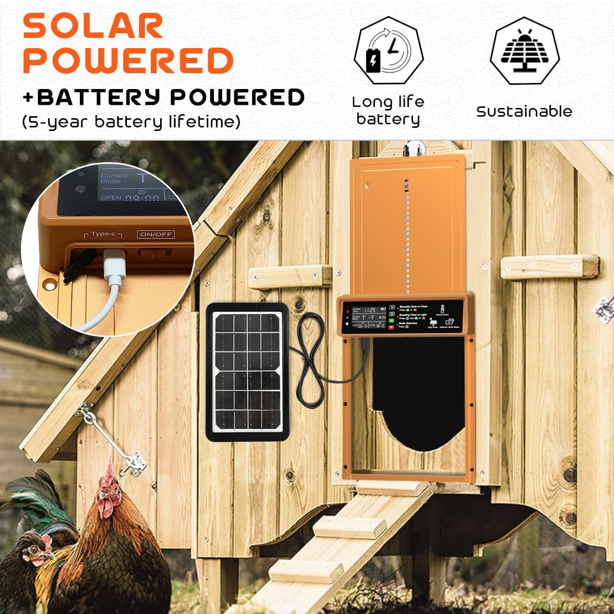 Pet Deluxe Automatic Chicken Coop Door Solar Powered Automatic Chicken Door with Timer & Light Sensor, Anti-Pinch, Durable Aluminum Auto Chicken Door, Charge with Solar Panel & USB