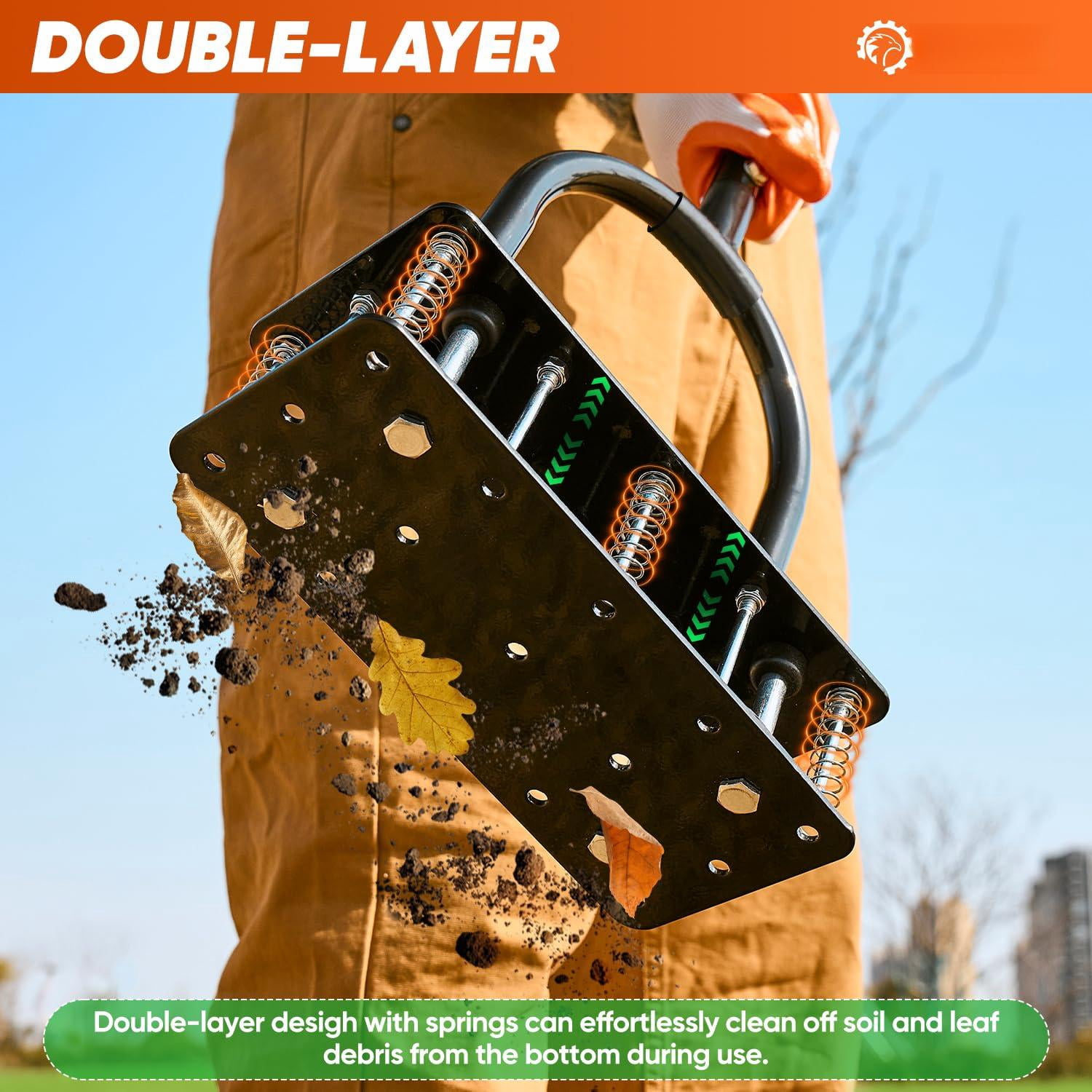 Manual Lawn Aerator Tool  With 15 Iron Spikes Adjustable Height Double-layer Spring Heavy-duty Gloves For Loosening Soil Aerating Patio Yard Garden Orange