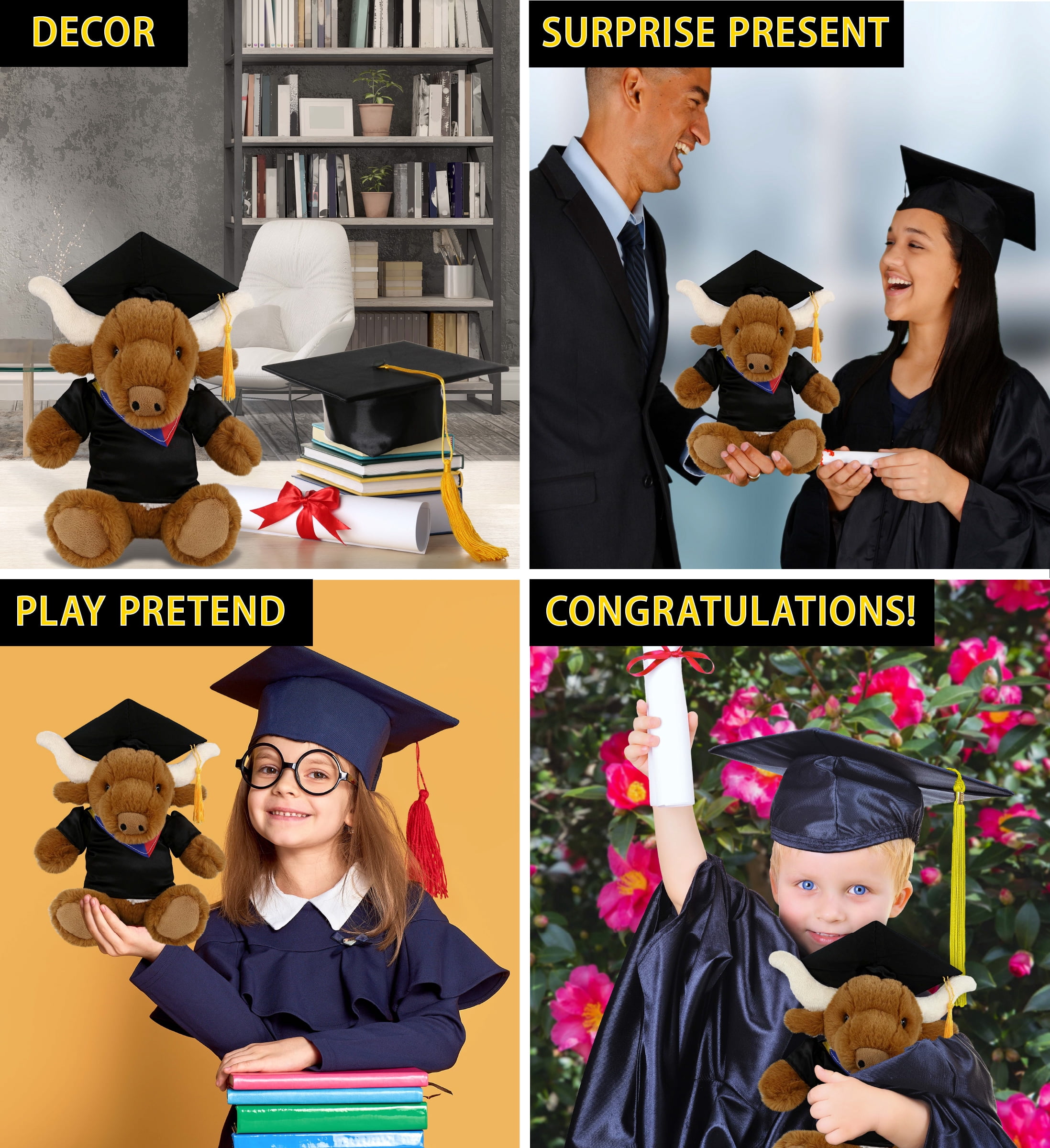 DolliBu Texas Longhorn Graduation Plush Toy - Super Soft Plush Graduation Stuffed Animal Dress Up with Gown and Cap with Tassel Outfit - Congratulatory Graduation Gift - 9 Inches