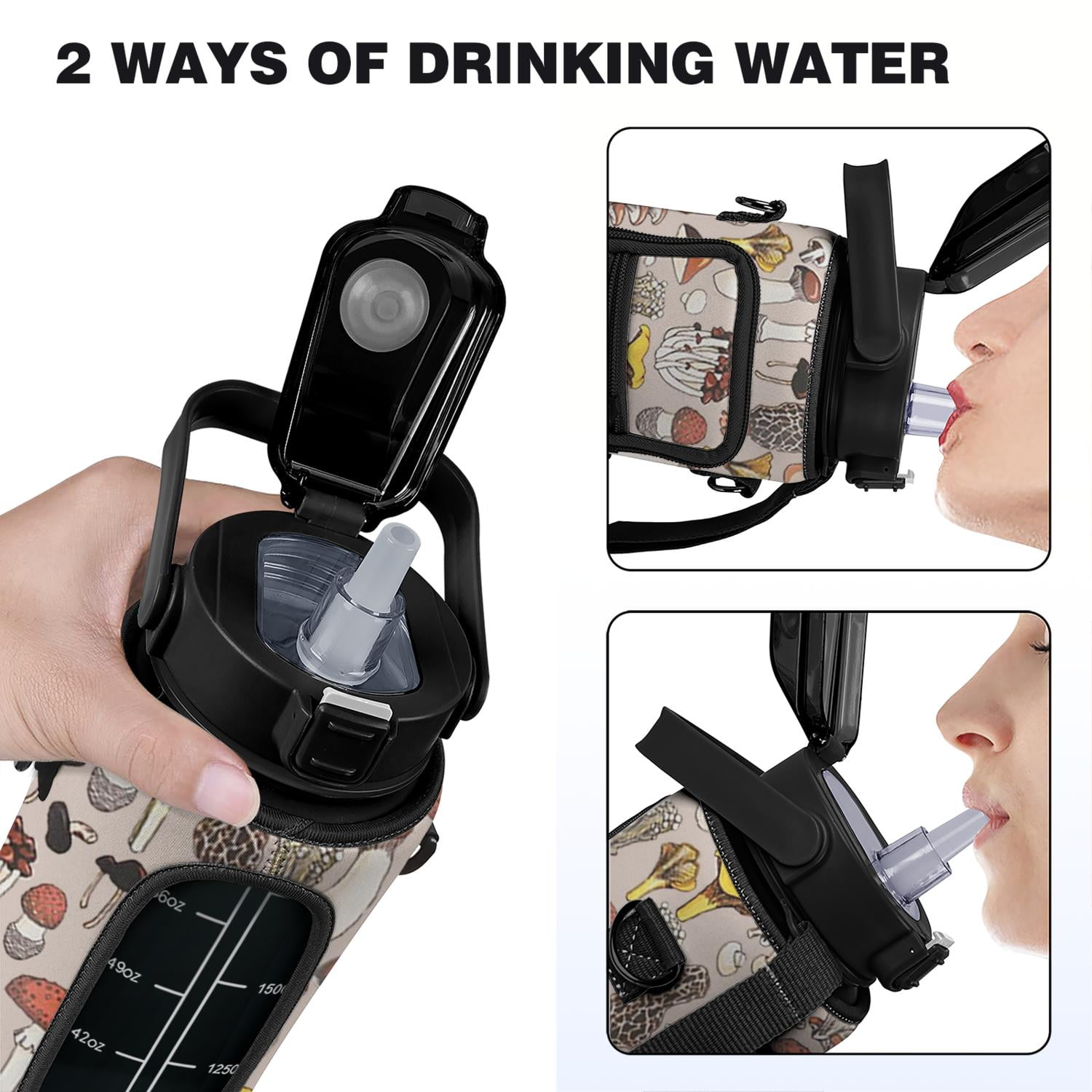 Mushroom 64 Oz Half Gallon Water Bottle with Sleeve - BPA Free Leakproof Sport Large Plastic Water Bottle with Straw Strap & Insulated Neoprene Holder Carrier Bag Great Gift for Women Men