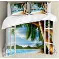 thumbnail image 1 of Beach Duvet Cover Set King Size, Nautical Theme Window View of Palm Trees on Sand Beach Photo Landscape Image, Decorative 3 Piece Bedding Set with 2 Pillow Shams, Green Ivory Blue, by Ambesonne, 1 of 3